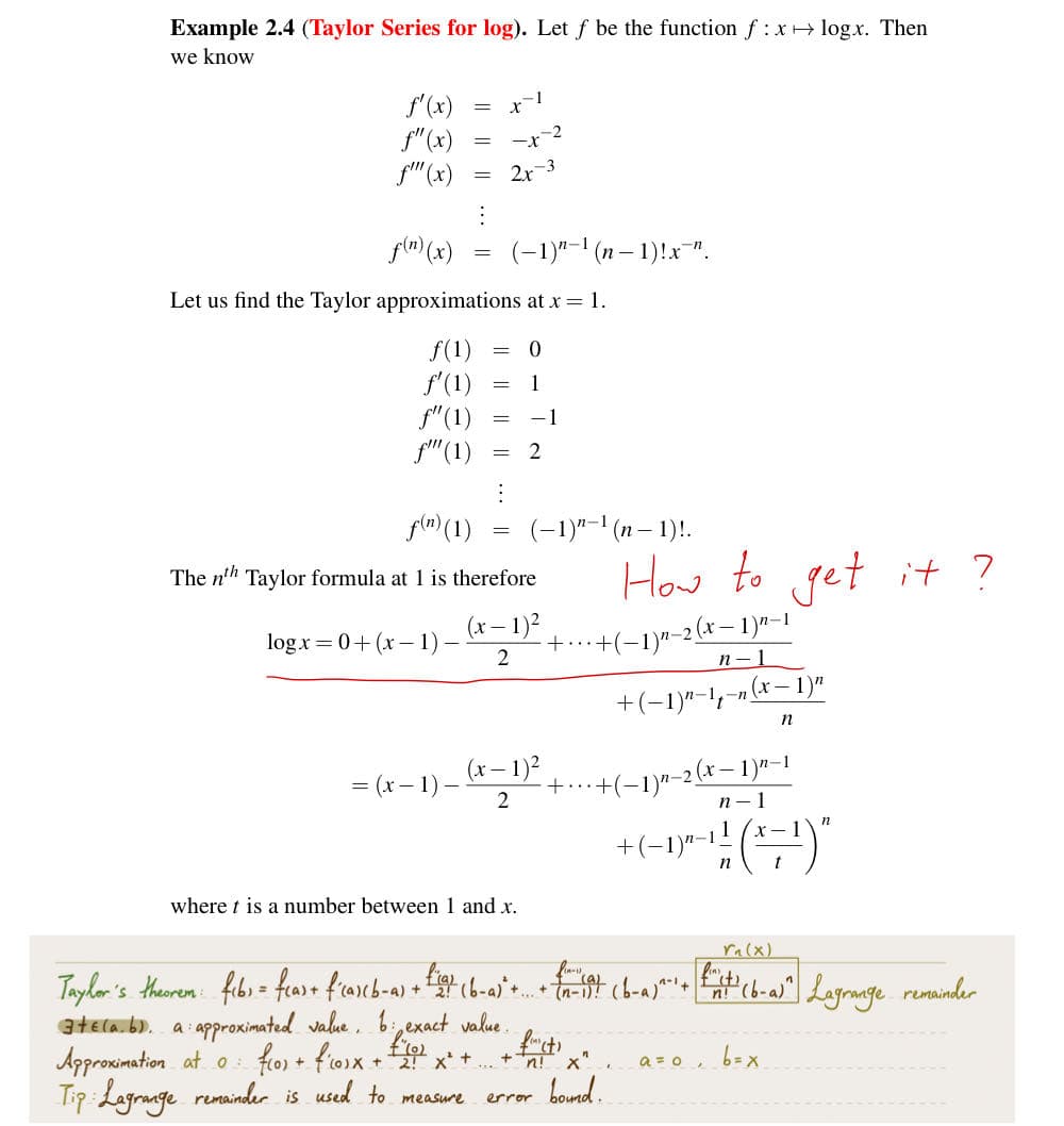 Example 2.4 (Taylor Series for log). Let f be the function f : x + logx. Then
we know
f'(x)
f" (x)
f"" (x)
=
log.x=0+ (x- -1)-
3tela.b). a
=
= (x-1)-
=
⠀
f(n) (x)
Let us find the Taylor approximations at x = 1.
f(1)
0
ƒ' (1)
1
f" (1)
= -1
f"" (1)
= 2
=
=
x-1
-x-²
2x-3
⠀
=
f(n) (1)
The nth Taylor formula at 1 is therefore
(x - 1)²
2
(-1)-1(n-1)!x".
=
where t is a number between 1 and x.
(-1)"-¹ (n-1)!.
(x-1)²
2
How to get it?
+ (−1)n-2 (x−1)n-1
n-1
+...
+ (−1)n-17-n (x−1)n
n
·+····
+ (−1)n-2
+ (−1)"-
n
-1²-¹²/ (+¹) "
n
t
Taylor's theorem: fibs = feas + f'cas(b-a) + f(a) (b-a) +...+ {n-19 (b-a)^²+
: approximated value. b: exact value.
Approximation at 01. f(0) + f²₁o³x + £121² x ² + + + ² x..
Tip: Lagrange remainder is used to measure
bound.
error
-1)n-1
n-1
r₁(x)
(it)
-Ent (6-a)² Lagrange remainder
n!
a=o,
b=x