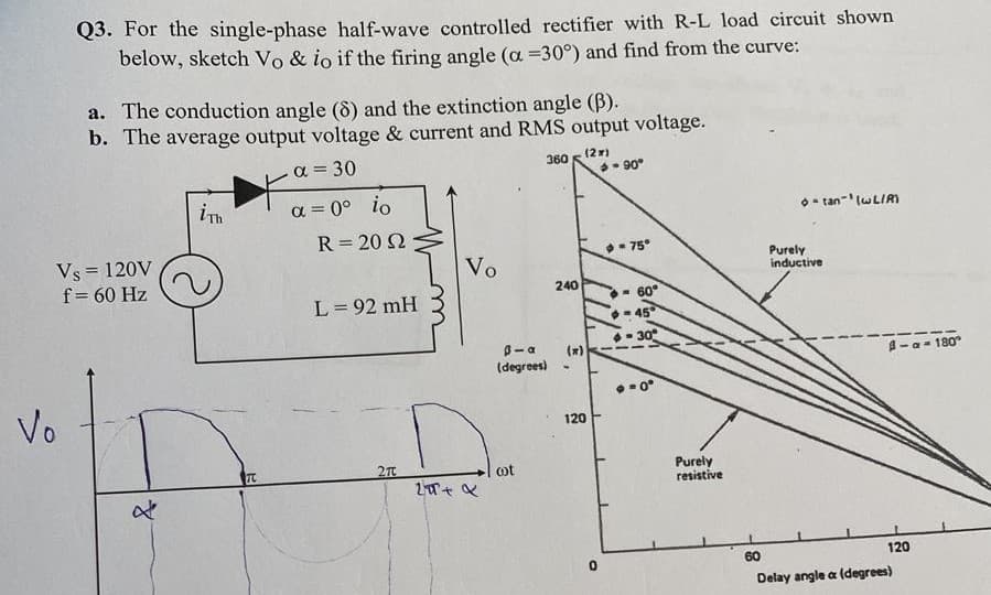 Q3. For the single-phase half-wave controlled rectifier with R-L load circuit shown
below, sketch Vo & io if the firing angle (oa =30°) and find from the curve:
a. The conduction angle (8) and the extinction angle (B).
b. The average output voltage & current and RMS output voltage.
a = 30
360 s (27)
• 90°
%3D
iTh
a = 0° io
O- tan-" (WLIRI
R = 20 N
%3D
Vs = 120V
- 75°
Vo
Purely
inductive
f= 60 Hz
240
L= 92 mH
- 60
- 45°
- 30
B-a
(x)
(degrees)
A-a- 180°
Vo
120
TC
Purely
resistive
ot
60
120
Delay angle a (degrees)
