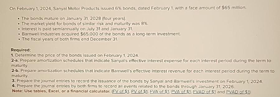 On February 1, 2024, Sanyal Motor Products issued 6% bonds, dated February 1, with a face amount of $65 million.
• The bonds mature on January 31, 2028 (four years).
• The market yield for bonds of similar risk and maturity was 8%.
• Interest is paid semiannually on July 31 and January 31.
• Barnwell Industries acquired $65,000 of the bonds as a long-term investment.
• The fiscal years of both firms end December 31.
Required:
1. Determine the price of the bonds Issued on February 1, 2024.
2-a. Prepare amortization schedules that indicate Sanyal's effective interest expense for each interest period during the term to
maturity.
2-b. Prepare amortization schedules that indicate Barnwell's effective interest revenue for each interest period during the term to
maturity.
3. Prepare the journal entries to record the issuance of the bonds by Sanyal and Barnwell's investment on February 1, 2024.
4. Prepare the journal entries by both firms to record all events related to the bonds through January 31, 2026.
Note: Use tables, Excel, or a financial calculator. (FV of $1, PV of $1. FVA of $1. PVA of $1. FVAD of $1 and PVAD of $1)