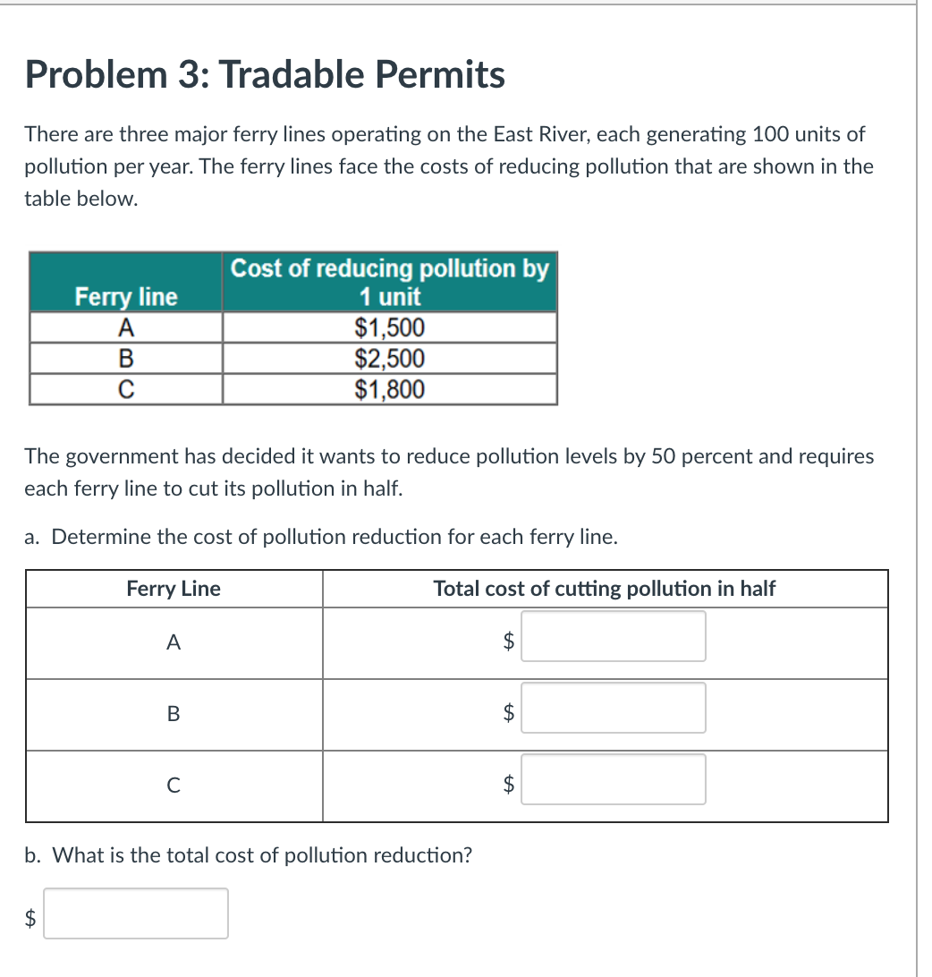 Problem 3: Tradable Permits
There are three major ferry lines operating on the East River, each generating 100 units of
pollution per year. The ferry lines face the costs of reducing pollution that are shown in the
table below.
Cost of reducing pollution by
1 unit
$1,500
$2,500
$1,800
Ferry line
В
The government has decided it wants to reduce pollution levels by 50 percent and requires
each ferry line to cut its pollution in half.
a. Determine the cost of pollution reduction for each ferry line.
Ferry Line
Total cost of cutting pollution in half
А
2$
В
2$
C
2$
b. What is the total cost of pollution reduction?
2$
ABC
