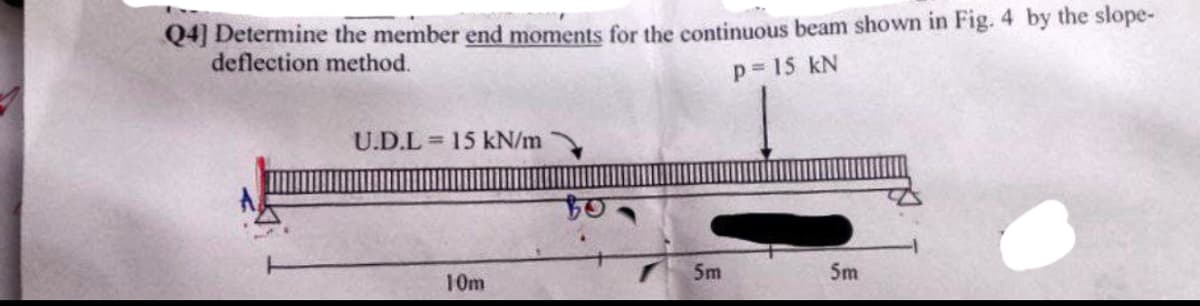 Q4] Determine the member end moments for the continuous beam shown in Fig. 4 by the slope-
deflection method.
P = 15 KN
U.D.L = 15 kN/m
10m
5m
5m