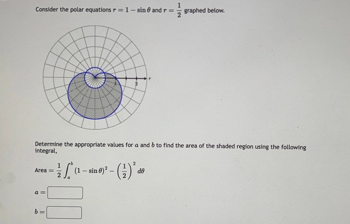 1
Consider the polar equations r= 1 - sin and r =
2
Determine the appropriate values for a and b to find the area of the shaded region using the following
integral,
Area =
a=
b=
1
2
(1 - sin 0) ² (¹) ²
graphed below.
do