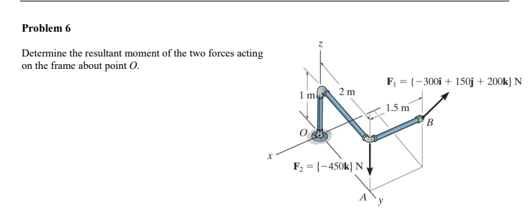 Problem 6
Determine the resultant moment of the two forces acting
on the frame about point O.
F = {-300i + 150j + 200k} N
2 m
1m
1.5 m
F, = {-450k} N
