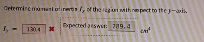 Determine moment of inertia I, of the region with respect to the y-axis.
Iy =
130.4
Expected answer: 289.4
cm4