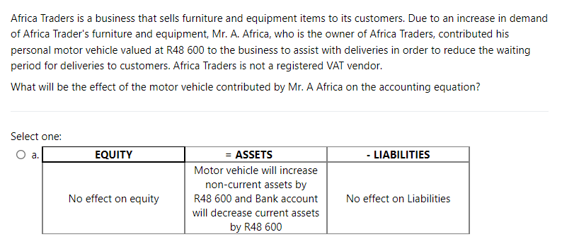 Africa Traders is a business that sells furniture and equipment items to its customers. Due to an increase in demand
of Africa Trader's furniture and equipment, Mr. A. Africa, who is the owner of Africa Traders, contributed his
personal motor vehicle valued at R48 600 to the business to assist with deliveries in order to reduce the waiting
period for deliveries to customers. Africa Traders is not a registered VAT vendor.
What will be the effect of the motor vehicle contributed by Mr. A Africa on the accounting equation?
Select one:
O a.
EQUITY
= ASSETS
- LIABILITIES
Motor vehicle will increase
non-current assets by
No effect on equity
R48 600 and Bank account
No effect on Liabilities
will decrease current assets
by R48 600
