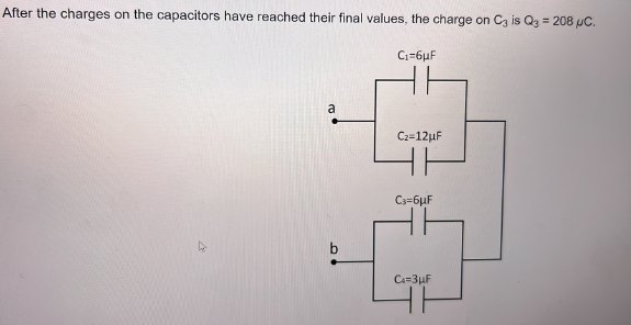 After the charges on the capacitors have reached their final values, the charge on C3 is Q3 = 208 μC.
a
C₁=6μF
Cz=12μF
HF
C3=6μF
C4=3μF