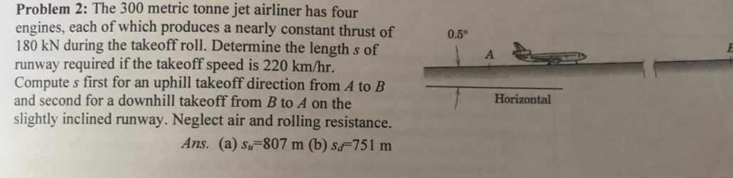 Problem 2: The 300 metric tonne jet airliner has four
engines, each of which produces a nearly constant thrust of
180 kN during the takeoff roll. Determine the length s of
runway required if the takeoff speed is 220 km/hr.
Compute s first for an uphill takeoff direction from A to B
and second for a downhill takeoff from B to A on the
0.5°
Horizontal
slightly inclined runway. Neglect air and rolling resistance.
Ans. (a) S-807 m (b) sF751 m
