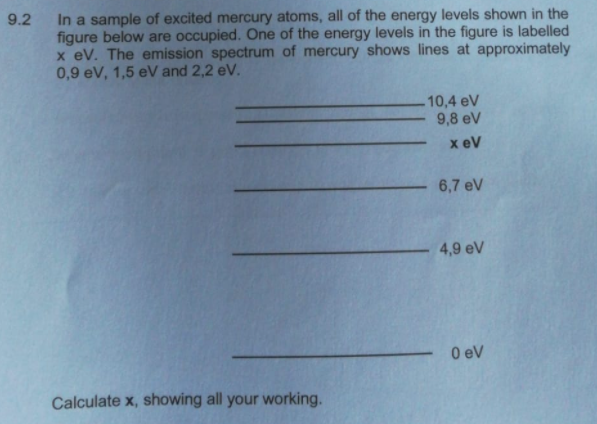 9.2
In a sample of excited mercury atoms, all of the energy levels shown in the
figure below are occupied. One of the energy levels in the figure is labelled
x eV. The emission spectrum of mercury shows lines at approximately
0,9 eV, 1,5 eV and 2,2 eV.
Calculate x, showing all your working.
10,4 eV
9,8 eV
x eV
6,7 eV
4,9 eV
0 eV