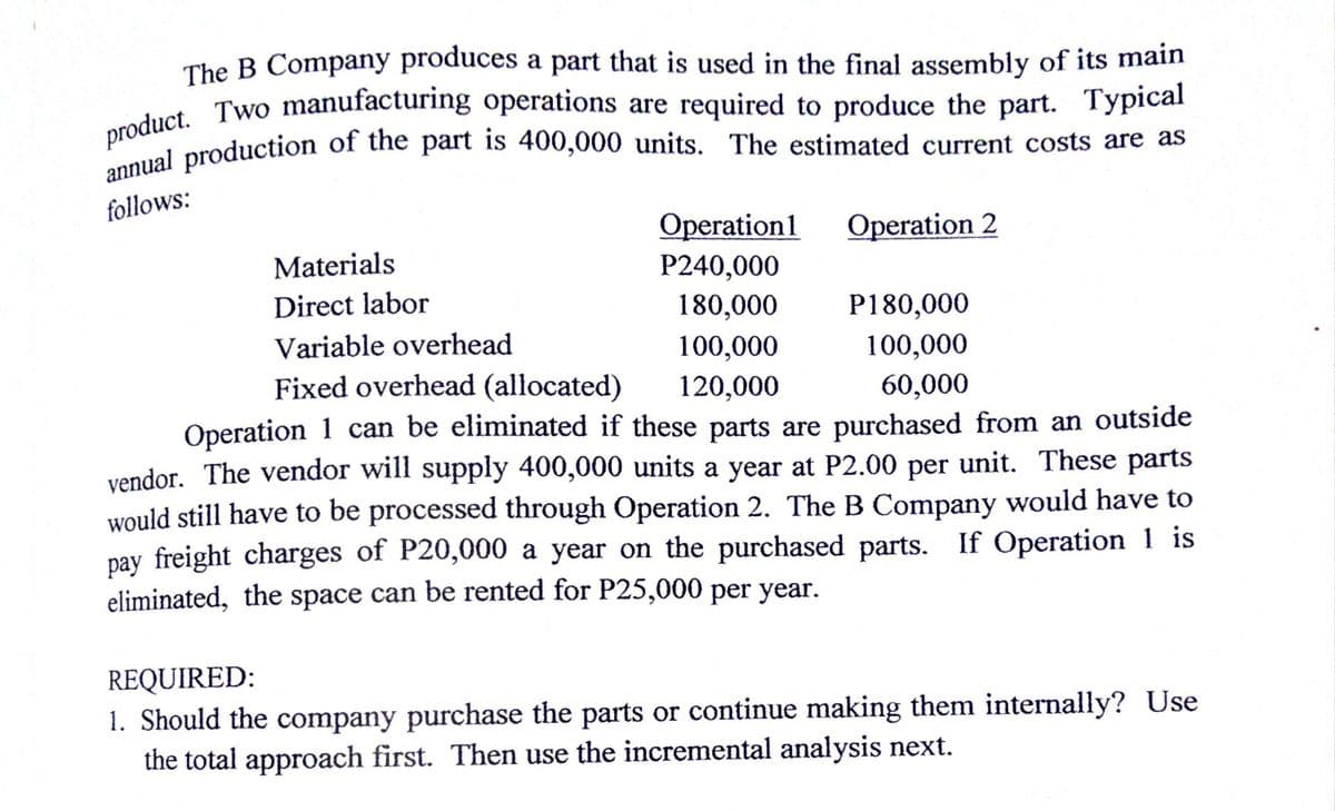 The B Company produces a part that is used in the final assembly of its main
follows:
Operation1
Operation 2
Materials
P240,000
180,000
Direct labor
P180,000
Variable overhead
100,000
100,000
Fixed overhead (allocated)
120,000
60,000
Operation 1 can be eliminated if these parts are purchased from an outside
vendor. The vendor will supply 400,000 units a year at P2.00 per unit. These parts
would still have to be processed through Operation 2. The B Company would have to
pay freight charges of P20,000 a year on the purchased parts. If Operation 1 is
eliminated, the space can be rented for P25,000 per year.
REQUIRED:
1. Should the company purchase the parts or continue making them internally? Use
the total approach first. Then use the incremental analysis next.
