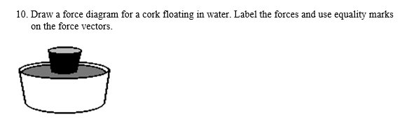 10. Draw a force diagram for a cork floating in water. Label the forces and use equality marks
on the force vectors.
