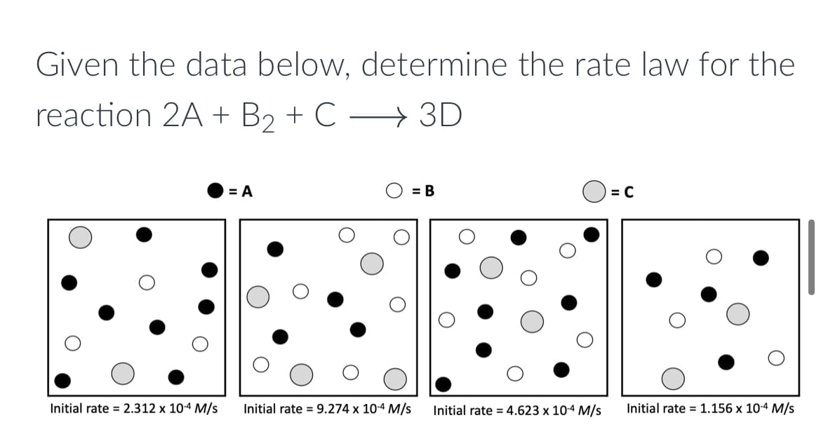 Given the data below, determine the rate law for the
reaction 2A + B₂ + C → 3D
Initial rate = 2.312 x 10-4 M/s
= A
Initial rate = 9.274 x 10-4 M/s
= B
Initial rate = 4.623 x 10-4 M/s
= C
Initial rate = 1.156 x 10-4 M/s