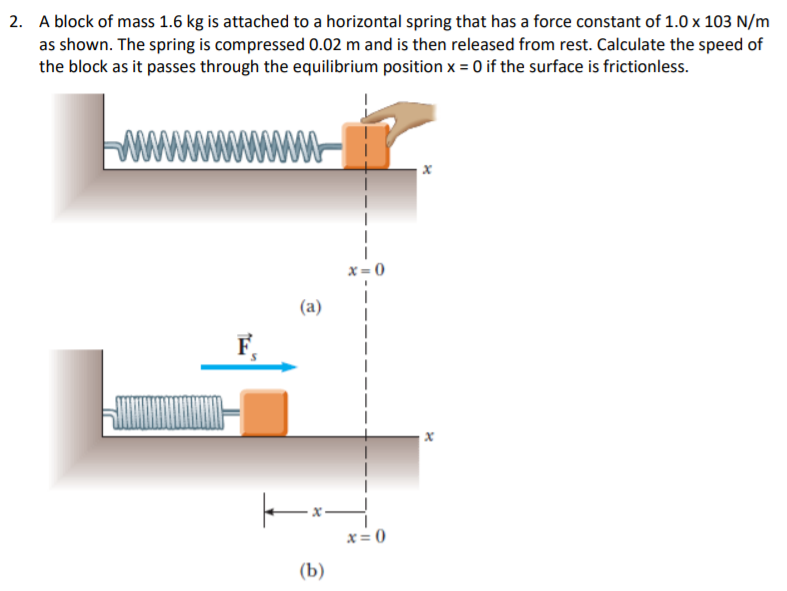 2. A block of mass 1.6 kg is attached to a horizontal spring that has a force constant of 1.0 x 103 N/m
as shown. The spring is compressed 0.02 m and is then released from rest. Calculate the speed of
the block as it passes through the equilibrium position x = 0 if the surface is frictionless.
www-
x = 0
(a)
F,
x= 0
(b)
