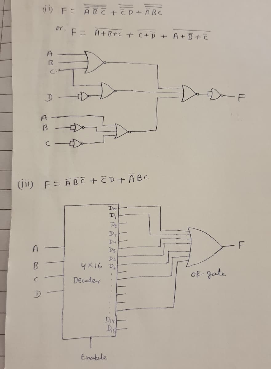 ri i) F= Ā B + E D + ĀBC
oY,
F= A+B+c + C+D + A+B+C
DaF
(1) F= ABC + č D+ ĀBC
Do
D,
Dy
D3
Dy
A
DS
DC
B
4X16 D7
OR- Jate
Decuder
DIY
Dist
Enable
