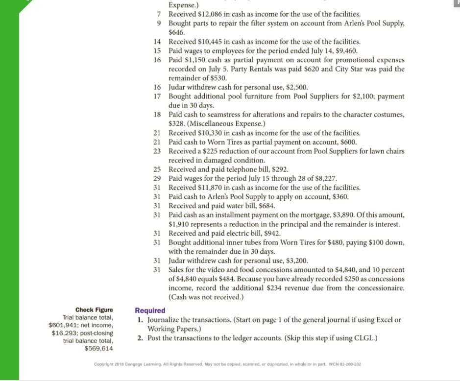 Expense.)
7 Received $12,086 in cash as income for the use of the facilities.
9 Bought parts to repair the filter system on account from Arlen's Pool Supply,
$646.
14 Received $10,445 in cash as income for the use of the facilities.
15 Paid wages to employees for the period ended July 14, $9,460.
16 Paid $1,150 cash as partial payment on account for promotional expenses
recorded on July 5. Party Rentals was paid $620 and City Star was paid the
remainder of $530.
16 Judar withdrew cash for personal use, $2,500.
17 Bought additional pool furniture from Pool Suppliers for $2,100; payment
due in 30 days.
18 Paid cash to seamstress for alterations and repairs to the character costumes,
$328. (Miscellaneous Expense.)
21 Received $10,330 in cash as income for the use of the facilities.
21 Paid cash to Worn Tires as partial payment on account, $600.
23 Received a $225 reduction of our account from Pool Suppliers for lawn chairs
received in damaged condition.
25 Received and paid telephone bill, $292.
29 Paid wages for the period July 15 through 28 of $8,227.
31 Received $11,870 in cash as income for the use of the facilities.
31 Paid cash to Arlen's Pool Supply to apply on account, $360.
31 Received and paid water bill, $684.
31 Paid cash as an installment payment on the mortgage, $3,890. Of this amount,
$1,910 represents a reduction in the principal and the remainder is interest.
31 Received and paid electric bill, $942.
31 Bought additional inner tubes from Worn Tires for $480, paying $100 down,
with the remainder due in 30 days.
31 Judar withdrew cash for personal use, $3,200.
31 Sales for the video and food concessions amounted to $4,840, and 10 percent
of $4,840 equals $484. Because you have already recorded $250 as concessions
income, record the additional $234 revenue due from the concessionaire.
(Cash was not received.)
Check Figure
Trial balance total,
$601,941; net income,
$16,293; post-closing
trial balance total,
$569,614
Required
1. Journalize the transactions. (Start on page 1 of the general journal if using Excel or
Working Papers.)
2. Post the transactions to the ledger accounts. (Skip this step if using CLGL.)
Copyright 2018 Cengage Learning. All Rights Reserved. May not be copied, scanned, or duplicated, in whole or in part. WCN 02-200-202
