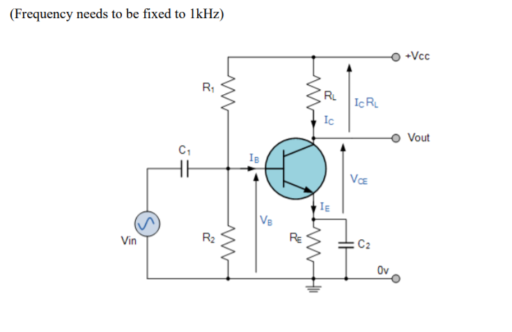 (Frequency needs to be fixed to lkHz)
+Vcc
R1
RL
Ic RL
Ic
Vout
C1
IB
VE
IE
Ve
R2
RE
C2
Vin
Ov
