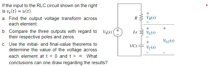 If the input to the RLC circuit shown on the right
is v₂ (t) = u(t).
a. Find the output voltage transform across
each element.
b. Compare the three outputs with regard to Vs(s)
their respective poles and zeros.
c. Use the initial- and final-value theorems to
determine the value of the voltage across
each element at t = 0 and t = ∞. What
conclusions can one draw regarding the results?
RVR(S)
+
Ls VL(S)
1/Cs
HH
+
Vc(s)
VLC(S)