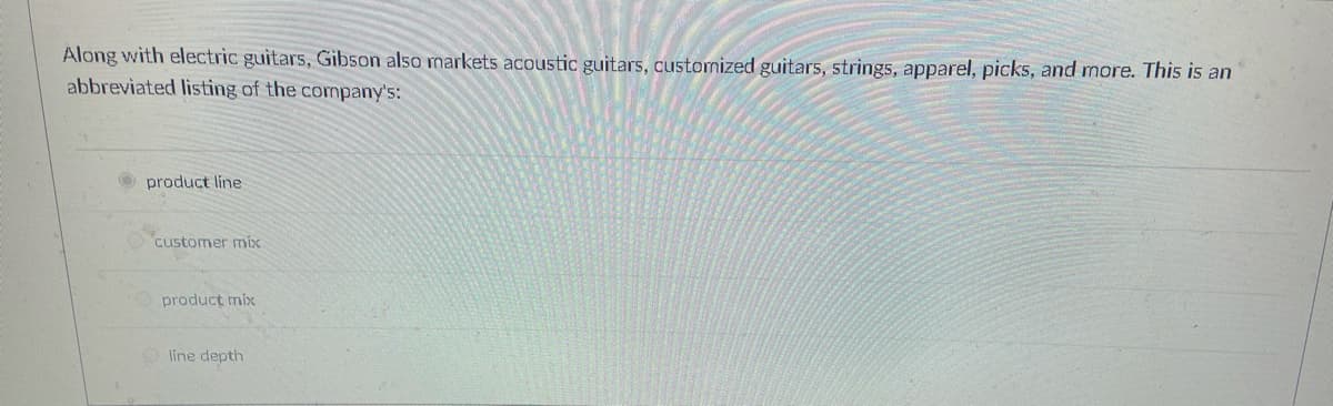 Along with electric guitars, Gibson also markets acoustic guitars, customized guitars, strings, apparel, picks, and more. This is an
abbreviated listing of the company's:
product line
customer mix
product mix
line depth
