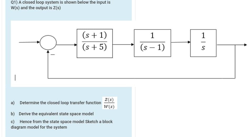 Q1) A closed loop system is shown below the input is
W(s) and the output is Z(s)
(s + 1)
(s + 5)
1
1
-
(s – 1)
S
Z(s)
a) Determine the closed loop transfer function
W(s)
b) Derive the equivalent state space model
c) Hence from the state space model Sketch a block
diagram model for the system
