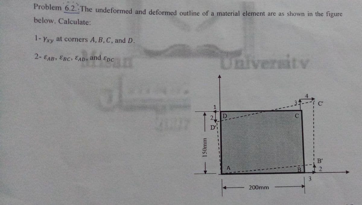 Problem 6.2. The undeformed and deformed outline of a material element are as shown in the figure
below. Calculate:
1- Yxy at corners A, B, C, and D.
niversitv
2- EAB, EBC EAD, and Epc
3.
B'
200mm
150mm
