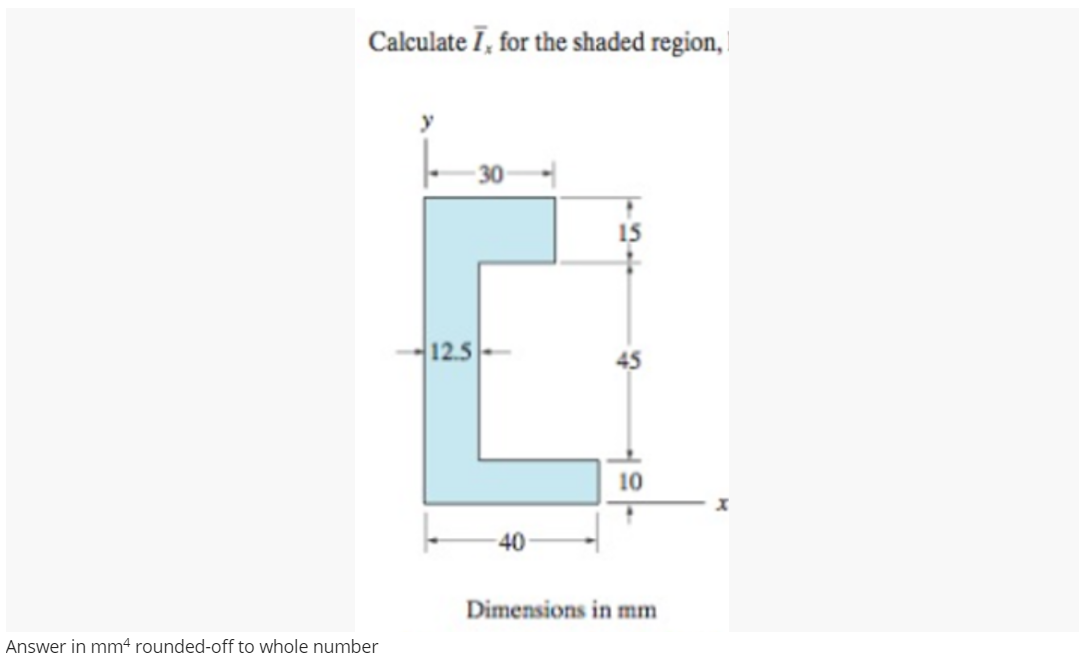 Calculate I, for the shaded region,
Answer in mm4 rounded-off to whole number
12.5
53
Dimensions in mm