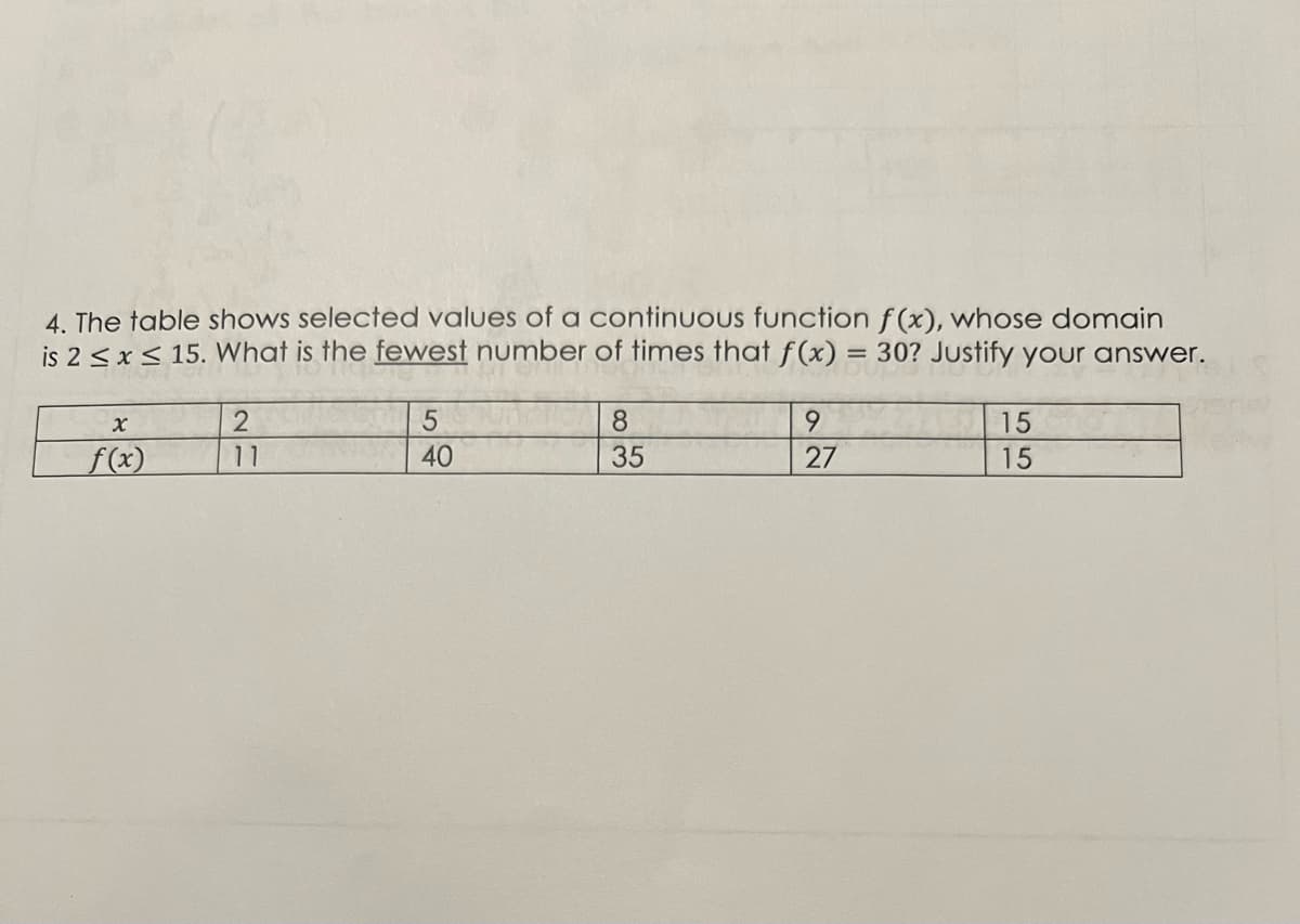 4. The table shows selected values of a continuous function f(x), whose domain
is 2 ≤ x ≤ 15. What is the fewest number of times that f(x) = 30? Justify your answer.
X
f(x)
2
11
5
40
8
35
9
27
15
15