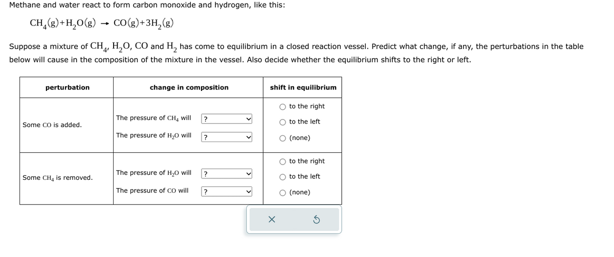 Methane and water react to form carbon monoxide and hydrogen, like this:
CH2(g)+H₂O(g)
CO(g)+3H2(g)
Suppose a mixture of CH 4, H2O, CO and H2 has come to equilibrium in a closed reaction vessel. Predict what change, if any, the perturbations in the table
below will cause in the composition of the mixture in the vessel. Also decide whether the equilibrium shifts to the right or left.
perturbation
change in composition
shift in equilibrium
to the right
The pressure of CH4 will
?
to the left
Some CO is added.
The pressure of H2O will
?
(none)
to the right
The pressure of H2O will
?
Some CH4 is removed.
to the left
The pressure of CO will
?
(none)