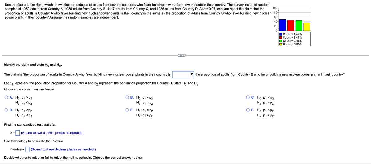Use the figure to the right, which shows the percentages of adults from several countries who favor building new nuclear power plants in their country. The survey included random
samples of 1050 adults from Country A, 1056 adults from Country B, 1117 adults from Country C, and 1026 adults from Country D. At a = 0.07, can you reject the claim that the
100-
80-
proportion of adults in Country A who favor building new nuclear power plants in their country is the same as the proportion of adults from Country B who favor building new nuclear
60-
power plants in their country? Assume the random samples are independent.
40-
20-
0-
Country A 49%
I Country B 47%
O Country C 46%
O Country D 35%
Identify the claim and state Ho and Ha.
The claim is "the proportion of adults in Country A who favor building new nuclear power plants in their country is
the proportion of adults from Country B who favor building new nuclear power plants in their country."
Let p, represent the population proportion for Country A and p2 represent the population proportion for Country B. State Ho and Ha.
Choose the correct answer below.
О А. Но: Р1 > P2
Ha: P1 SP2
O C. Ho: P1 < P2
Ha: P1 2 P2
B. Ho: P1 + P2
Ha: P1 = P2
O D. Ho: P1 2 P2
Hạ: P1 <P2
O E. Ho: P1 = P2
Ha: P1 # P2
O F. Ho: P1 <P2
Hại P1 > P2
Find the standardized test statistic.
Z=
(Round to two decimal places as needed.)
Use technology to calculate the P-value.
P-value =
(Round to three decimal places as needed.)
Decide whether to reject or fail to reject the null hypothesis. Choose the correct answer below.
