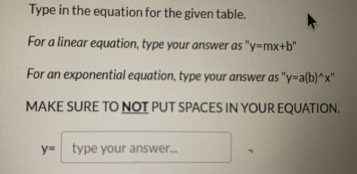 Type in the equation for the given table.
For a linear equation, type your answer as "y=Dmx+b"
For an exponential equation, type your answer as "y-a(b)^x"
MAKE SURE TO NOT PUT SPACES IN YOUR EQUATION.
%3D
type your answer..
