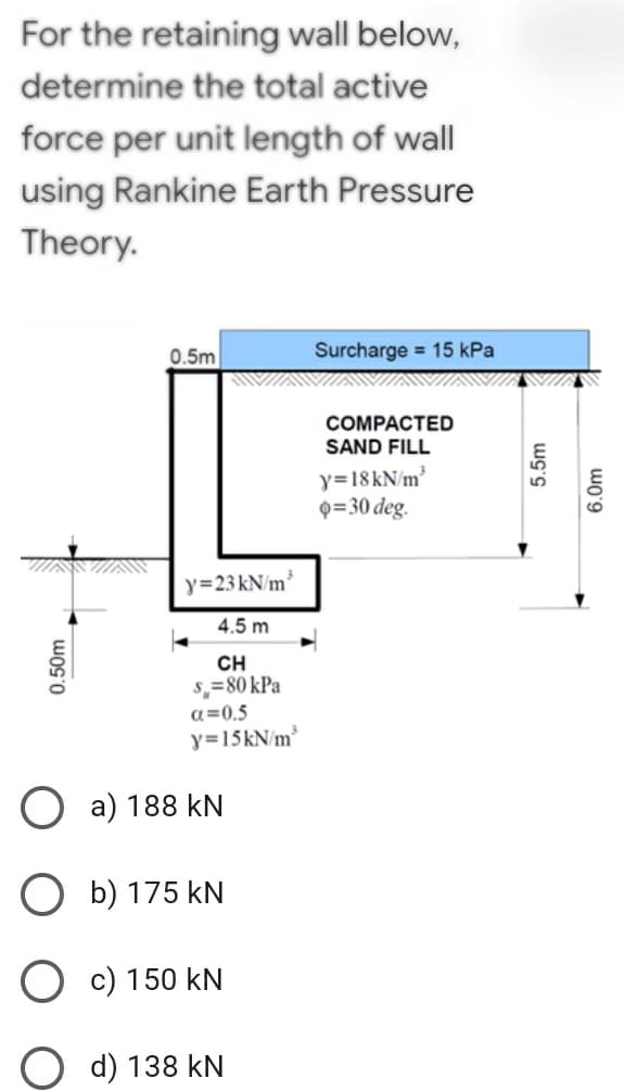 For the retaining wall below,
determine the total active
force per unit length of wall
using Rankine Earth Pressure
Theory.
0.5m
Surcharge 15 kPa
COMPACTED
SAND FILL
y=18kN/m²
Q=30 deg.
WESS WAS
y=23 kN/m³
4.5 m
CH
s,= 80 kPa
a=0.5
y=15kN/m³
0.50m
Oa) 188 kN
Ob) 175 kN
150 kN
d) 138 kN
MESUES
5.5m
6.0m