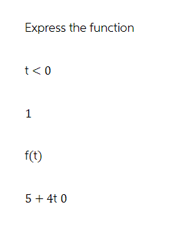 Express the function
t<0
1
f(t)
5 + 4t 0