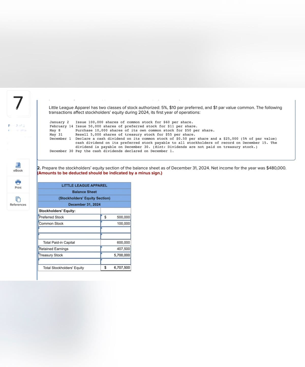 P
C
7
2 of 2
eBook
Print
References
Little League Apparel has two classes of stock authorized: 5%, $10 par preferred, and $1 par value common. The following
transactions affect stockholders' equity during 2024, its first year of operations:
Issue 100,000 shares of common stock for $60 per share.
Issue 50,000 shares of preferred stock for $11 per share.
Purchase 10,000 shares of its own common stock for $50 per share.
Resell 5,000 shares of treasury stock for $55 per share.
Declare a cash dividend on its common stock of $0.50 per share and a $25,000 (5% of par value)
cash dividend on its preferred stock payable to all stockholders of record on December 15. The
dividend is payable on December 30. (Hint: Dividends are not paid on treasury stock.)
December 30 Pay the cash dividends declared on December 1.
January 2
February 14
May 8
May 31
December 1
2. Prepare the stockholders' equity section of the balance sheet as of December 31, 2024. Net income for the year was $480,000.
(Amounts to be deducted should be indicated by a minus sign.)
LITTLE LEAGUE APPAREL
Balance Sheet
(Stockholders' Equity Section)
December 31, 2024
Stockholders' Equity:
Preferred Stock
Common Stock
Total Paid-in Capital
Retained Earnings
Treasury Stock
Total Stockholders' Equity
$
$
500,000
100,000
600,000
407,500
5,700,000
6,707,500