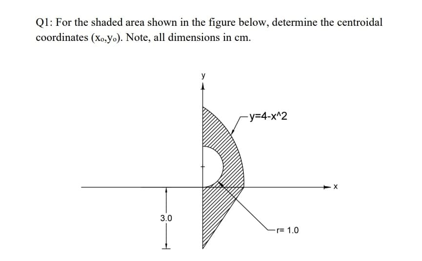 Q1: For the shaded area shown in the figure below, determine the centroidal
coordinates (xo,yo). Note, all dimensions in cm.
3.0
y
4
-y=4-x^2
r= 1.0
X