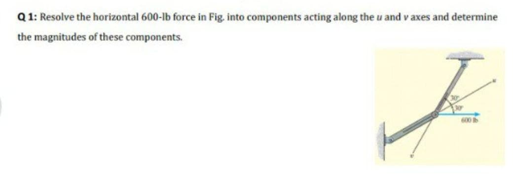 Q1: Resolve the horizontal 600-lb force in Fig. into components acting along the u and v axes and determine
the magnitudes of these components.
600 b
