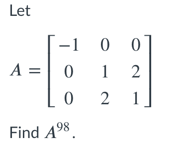 Let
-1
A =
1
2
1
Find A98
