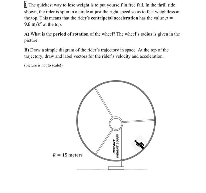 1 The quickest way to lose weight is to put yourself in free fall. In the thrill ride
shown, the rider is spun in a circle at just the right speed so as to feel weightless at
the top. This means that the rider's centripetal acceleration has the value g =
9.8 m/s? at the top.
A) What is the period of rotation of the wheel? The wheel's radius is given in the
picture.
B) Draw a simple diagram of the rider's trajectory in space. At the top of the
trajectory, draw and label vectors for the rider's velocity and acceleration.
(picture is not to scale!)
R = 15 meters
INSTANT
WEIGHT LOSS!
