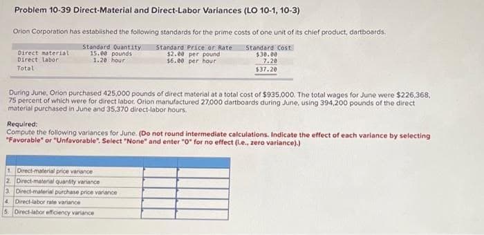 Problem 10-39 Direct-Material and Direct-Labor Variances (LO 10-1, 10-3)
Orion Corporation has established the following standards for the prime costs of one unit of its chief product, dartboards.
Standard Quantity
15.00 pounds
1.20 hour
Standard Price or Rate
$2.00 per pound
$6.00 per hour
Standard Cost
$30.00
7.20
$37.20
Direct material
Direct labor
Total
During June, Orion purchased 425,000 pounds of direct material at a total cost of $935.000. The total wages for June were $226,368,
75 percent of which were for direct labor. Orion manufactured 27,000 dartboards during June, using 394,200 pounds of the direct
material purchased in June and 35,370 direct-labor hours.
Required:
Compute the following variances for June. (Do not round intermediate calculations. Indicate the effect of each variance by selecting
"Favorable" or "Unfavorable". Select "None" and enter "0" for no effect (i.e., zero variance).)
1. Direct-material price variance
2 Direct-material quantity variance
3. Direct-material purchase price variance
4. Direct-labor rate variance
5. Direct-labor efficiency variance