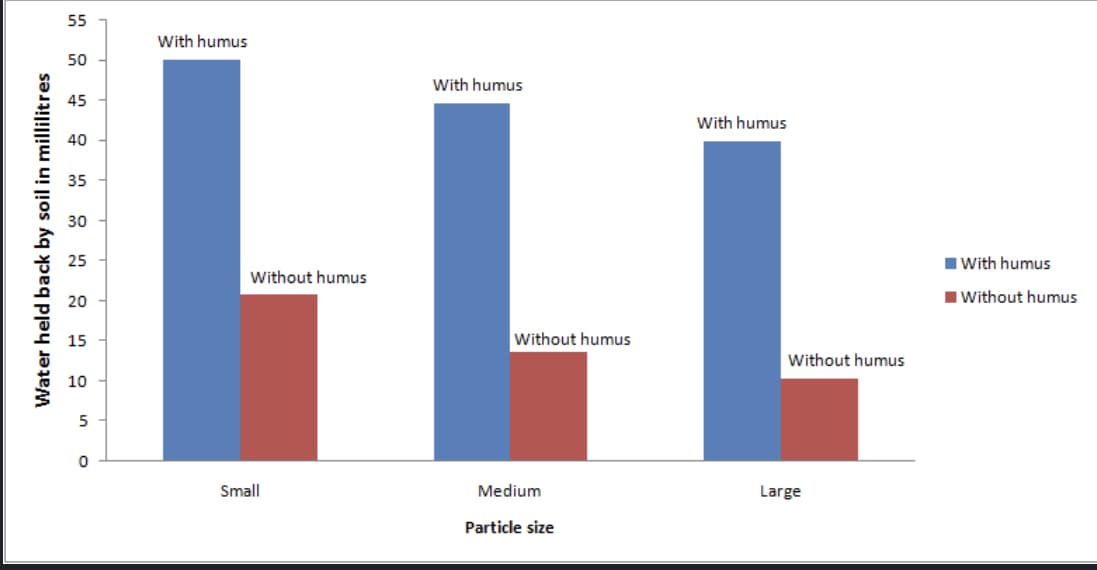 55
With humus
LLL
50
With humus
45
With humus
40
35
30
25
IWith humus
Without humus
20
IWithout humus
15
Without humus
Without humus
10
5
Small
Medium
Large
Particle size
Water held back by soil in millilitres
