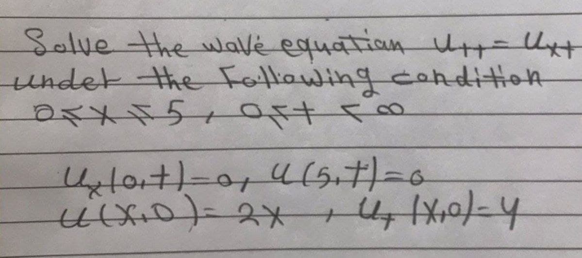 Solve the wave equation U+= Uxt
under the following condition
OF XF51 OF FO
U₂l0₁+)=0, 4(5₁7)=0
44(X²0) = 2X, 4, 1x,0)-4