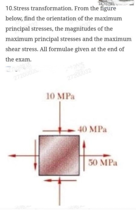 10.Stress transformation. From the figure
below, find the orientation of the maximum
principal stresses, the magnitudes of the
maximum principal stresses and the maximum
shear stress. All formulae given at the end of
the exam.
2/22
27200005
27200032
10 MPa
40 MPa
50 MPa