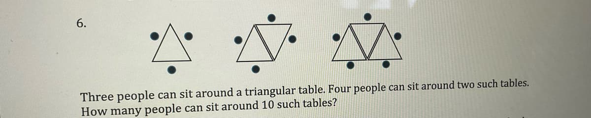 6.
Three people can sit around a triangular table. Four people can sit around two such tables.
How many people can sit around 10 such tables?