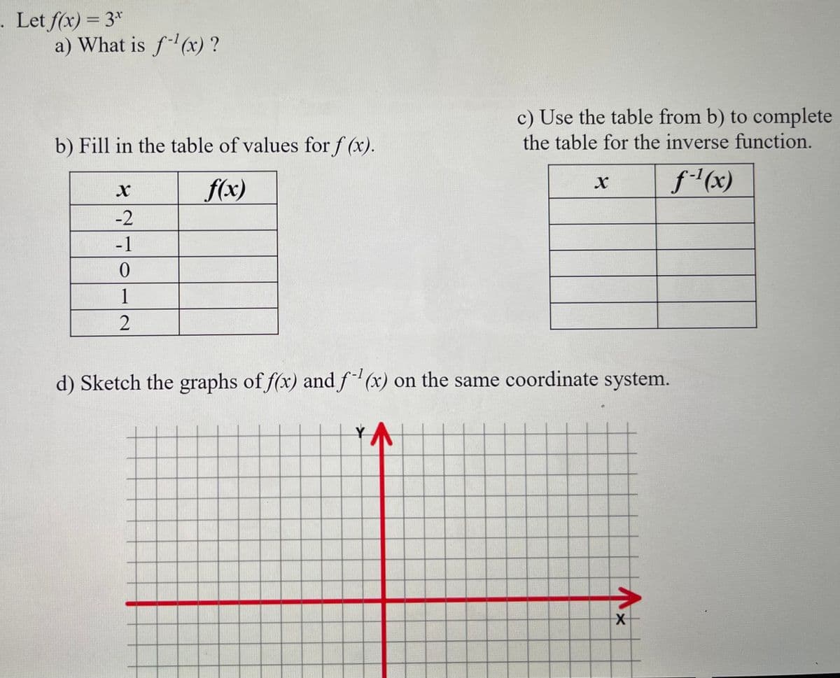 . Let f(x) = 3*
a) What is f(x) ?
%3D
c) Use the table from b) to complete
b) Fill in the table of values for f (x).
the table for the inverse function.
f(x)
f-l(x)
-2
-1
1
2
d) Sketch the graphs of f(x) and f(x) on the same coordinate system.
