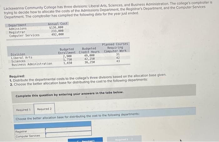 Lackawanna Community College has three divisions: Liberal Arts, Sciences, and Business Administration. The college's comptroller is
trying to decide how to allocate the costs of the Admissions Department, the Registrar's Department, and the Computer Services
Department. The comptroller has compiled the following data for the year just ended.
Department
Admissions
Registrar
Computer Services
Annual Cost
$136,000
233,000
492,000
Division
Liberal Arts
Sciences
Business Administration
Budgeted.
Budgeted
Enrollment Credit Hours:
Registrar
Computer Services
2,900
1,750
1,650
49,000
42,250
36,250
Planned Courses
Requiring
Computer Work
Required:
1. Distribute the departmental costs to the college's three divisions based on the allocation base given.
2. Choose the better allocation base for distributing the cost to the following departments:
Complete this question by entering your answers in the tabs below.
31
42
43
Required 1 Required 2
Choose the better allocation base for distributing the cost to the following departments:
Required 1.
Required 2