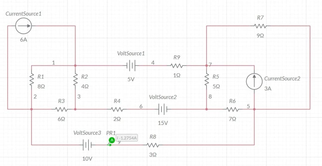 CurrentSource1
6A
www
2
R1
892
1
R3
www
692
www
3
R2
492
VoltSource 1
Hot
5V
R4
292
VoltSource3 PR1
Hile
10V
1-1.2754A
6
4
R9
R8
ww
392
192
VoltSource2
Hilt
15V
7
www
R5
592
8
R6
792
R7
www
992
1
5
CurrentSource2
3A