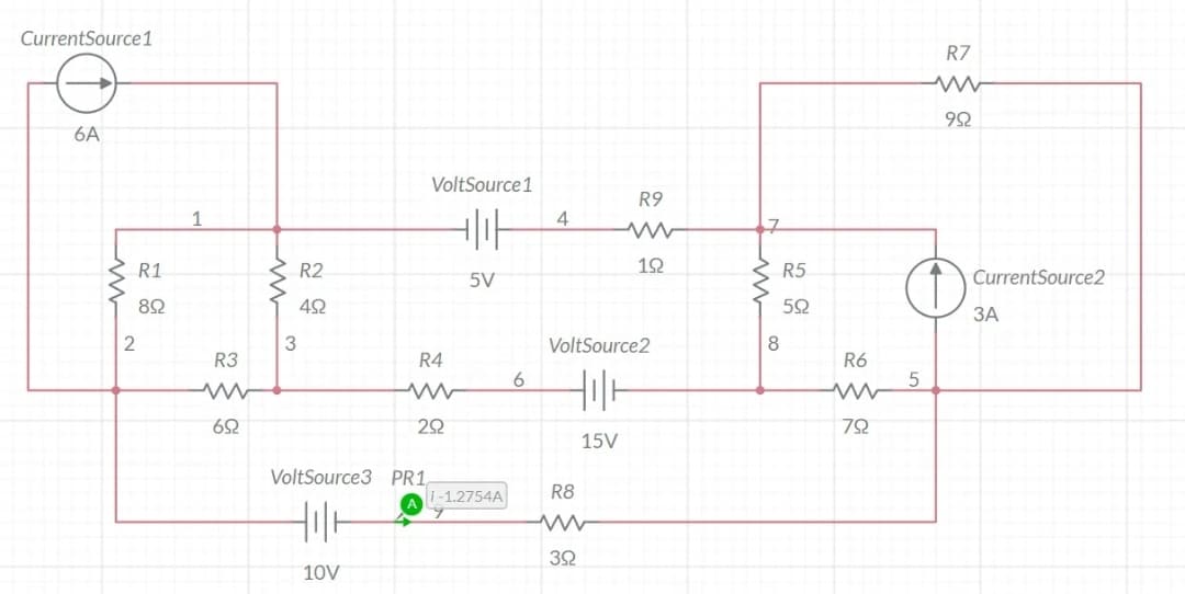 CurrentSource1
6A
싸
R1
89
2
1
R3
www
62
싸
R2
452
3
10V
VoltSource1
기가
5V
R4
VoltSource3 PR1
292
i-1.2754A
6
4
R9
R8
www
392
12
VoltSource2
till
15V
구
8
R5
52
R6
792
RZ
w
992
①
5
CurrentSource2
ЗА