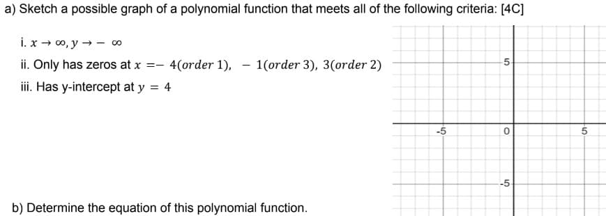 a) Sketch a possible graph of a polynomial function that meets all of the following criteria: [4C]
i. x → ∞o, y → - 00
ii. Only has zeros at x =- 4(order 1),
iii. Has y-intercept at y = 4
1(order 3), 3(order 2)
b) Determine the equation of this polynomial function.
-5
-5-
O
-5
5