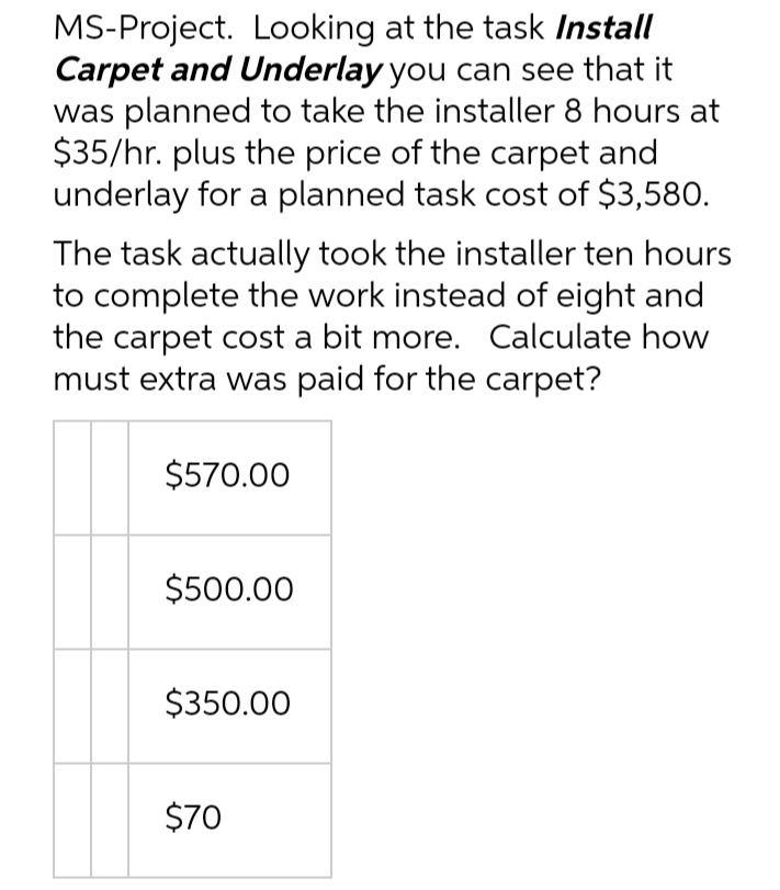 MS-Project. Looking at the task Install
Carpet and Underlay you can see that it
was planned to take the installer 8 hours at
$35/hr. plus the price of the carpet and
underlay for a planned task cost of $3,580.
The task actually took the installer ten hours
to complete the work instead of eight and
the carpet cost a bit more. Calculate how
must extra was paid for the carpet?
$570.00
$500.00
$350.00
$70