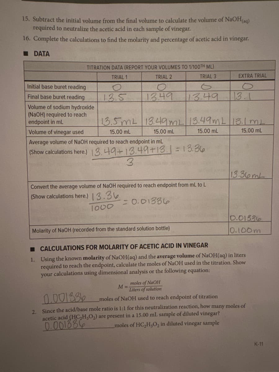 15. Subtract the initial volume from the final volume to calculate the volume of NaOH(aq)
required to neutralize the acetic acid in each sample of vinegar.
16. Complete the calculations to find the molarity and percentage of acetic acid in vinegar.
DATA
Initial base buret reading
Final base buret reading
TITRATION DATA (REPORT YOUR VOLUMES TO 1/100TH ML)
TRIAL 1
TRIAL 2
TRIAL 3
о
13.5
13.49
2.
Convert the average volume of NaOH required to reach endpoint from mL to L
(Show calculations here.) 13.36
= 0.01336
1000
Molarity of NaOH (recorded from the standard solution bottle)
13.49
Volume of sodium hydroxide
n
(NaOH) required to reach
endpoint in mL
13.5mL 13.49mL 13.49mL 13.1 m
Volume of vinegar used
15.00 mL
15.00 mL
15.00 mL
15.00 mL
Average volume of NaOH required to reach endpoint in mL
(Show calculations here.) 13.49+13.49+13.1 = 13.36
3
EXTRA TRIAL
M=
13.1
13.36mL
CALCULATIONS FOR MOLARITY OF ACETIC ACID IN VINEGAR
1. Using the known molarity of NaOH(aq) and the average volume of NaOH(aq) in liters
required to reach the endpoint, calculate the moles of NaOH used in the titration. Show
your calculations using dimensional analysis or the following equation:
0.01336
0.100m
moles of NaOH
Liters of solution
0.001386
_moles of NaOH used to reach endpoint of titration
Since the acid/base mole ratio is 1:1 for this neutralization reaction, how many moles of
acetic acid (HC₂H₂O₂) are present in a 15.00 mL sample of diluted vinegar?
0.001886
moles of HC₂H₂O₂ in diluted vinegar sample
K-11