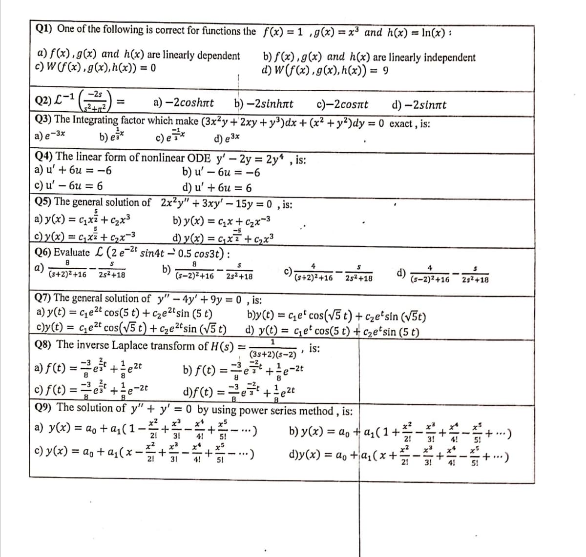 Q1) One of the following is correct for functions the f(x) = 1, g(x) = x³ and h(x) = ln(x):
a) f(x), g(x) and h(x) are linearly dependent
c) W (f(x), g(x), h(x)) = 0
b) f(x), g(x) and h(x) are linearly independent
d) W (f(x), g(x), h(x)) = 9
Q2) L-1
-2s
S²+7²)
=
a) -2coshπt
b) -2sinhnt
c)-2сost
d) -2sinnt
Q3) The Integrating factor which make (3x²y + 2xy + y³) dx + (x² + y²)dy = 0 exact, is:
a) e-3x
b) ex
c)ex
d) e 3x
Q4) The linear form of nonlinear ODE y' - 2y = 2y, is:
a) u' + 6u = -6
b) u' - 6u = -6
c) u' - 6u = 6
d) u' + 6u = 6
Q5) The general solution of 2x2y" + 3xy' - 15y = 0, is:
a) y(x) = C₁x² + ₂x³
b) y(x) = ₂x + ₂x-³
5
c) y(x) = C₁x² + ₂x−3
d) y(x) = C₁xz+C₂x³
Q6) Evaluate
(2 e-2t sin4t -0.5 cos3t):
8
S
b)
8
(S-2)²+16 2s²+18
4
(s+2)² +16
2s²+18
c) (8+2)²+16 28² +18
(S-2)²+16 2s²+18
Q7) The general solution of y"-4y' +9y = 0, is:
a) y(t) = c₁e²t cos(5 t) + c₂e²t sin (5 t)
c)y(t)=c₁e²t cos(√5 t) + c₂e²tsin (√5 t)
b)y(t)=c₁et cos(√5 t) + c₂etsin (√5t)
d) y(t) = c₁et cos(5 t) + c₂esin (5 t)
Q8) The inverse Laplace
transform of H(s):
=
is:
I
(3s+2)(S-2)
e2t
|a) ƒ (t) = ¹ + ²t
| c) ƒ (t) ==³e² +²e² -2t
1
8
1
b) f(t) ==e+e-²t
+²e²t
е
d)f(t) = ²³²
e:
B
Q9) The solution of y" + y' = 0 by using power series method, is:
x3 x²
a) y(x) = a₁ + a₁( 1 −²+2
.-...)
b) y(x) = ao + a₁(1+²
41
5!
x5
c) y(x) = a₁ + α₁ ( x −₁+3
+
.)
d)y(x) = ao+a₁(x+²
4! 51
3!
IT
·+...)
- ...)