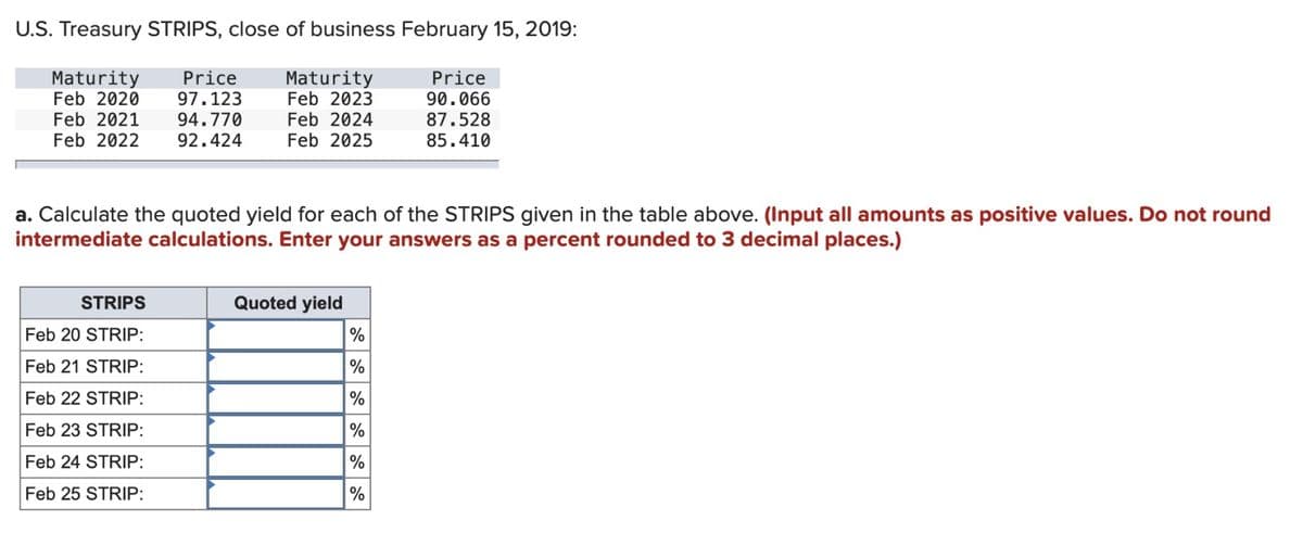 U.S. Treasury STRIPS, close of business February 15, 2019:
Maturity
Feb 2020
Feb 2021 94.770
Price
97.123
Maturity
Price
Feb 2023
90.066
Feb 2024
87.528
Feb 2022 92.424
Feb 2025
85.410
a. Calculate the quoted yield for each of the STRIPS given in the table above. (Input all amounts as positive values. Do not round
intermediate calculations. Enter your answers as a percent rounded to 3 decimal places.)
STRIPS
Quoted yield
Feb 20 STRIP:
%
Feb 21 STRIP:
%
Feb 22 STRIP:
%
Feb 23 STRIP:
%
Feb 24 STRIP:
%
Feb 25 STRIP:
%