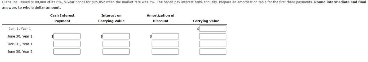 Diana Inc. issued $100,000 of its 6%, 5-year bonds for $95,852 when the market rate was 7%. The bonds pay interest semi-annually. Prepare an amortization table for the first three payments. Round intermediate and final
answers to whole dollar amount.
Cash Interest
Interest on
Amortization of
Payment
Carrying Value
Discount
Carrying Value
Jan. 1, Year 1
June 30, Year 1
Dec. 31, Year 1
June 30, Year 2
